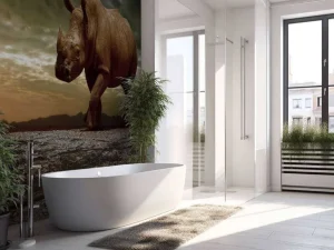 Outlet Afrikaanse neushoorn op een vuil veld fotobehang Tienerkamer | Dieren