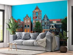 Clearance Amsterdamse grachtenpanden in de avond fotobehang Steden | Architectuur