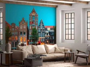 Clearance Amsterdamse grachtenpanden in de avond fotobehang Steden | Architectuur