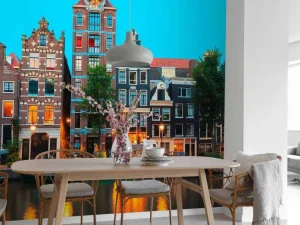 Clearance Amsterdamse grachtenpanden in de avond fotobehang Steden | Architectuur