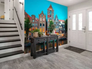 Clearance Amsterdamse grachtenpanden in de avond fotobehang Steden | Architectuur