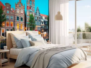 Clearance Amsterdamse grachtenpanden in de avond fotobehang Steden | Architectuur