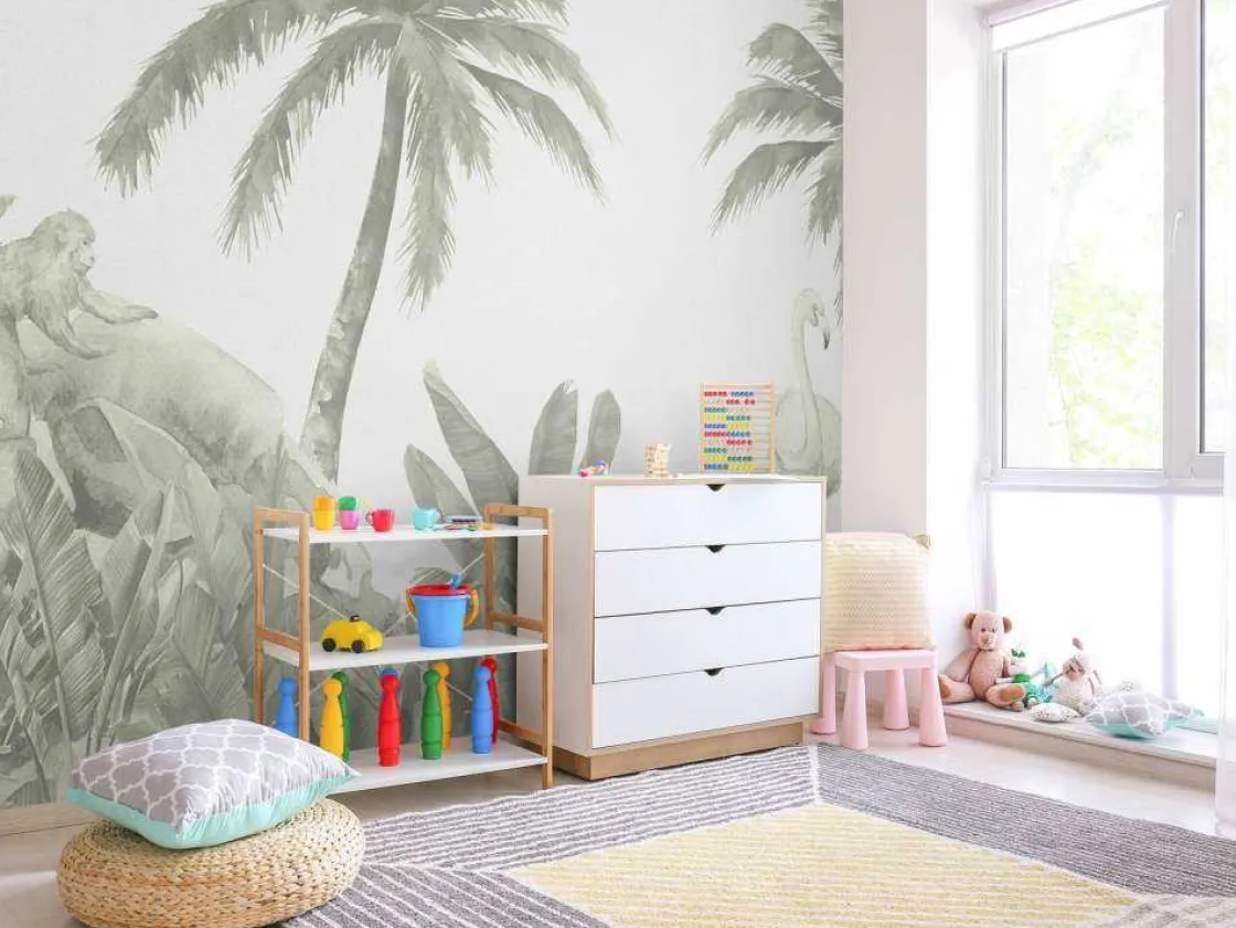 apen_en_flamingos_in_groe_3.webp Hot Apen en flamingo's in groen Kinderkamer