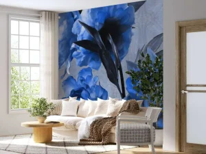 Sale Aquarel van blauwe bloemen fotobehang Tienerkamer