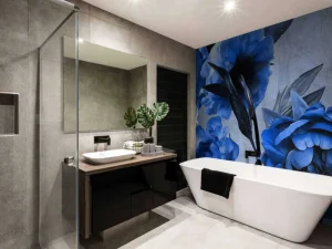 Sale Aquarel van blauwe bloemen fotobehang Tienerkamer