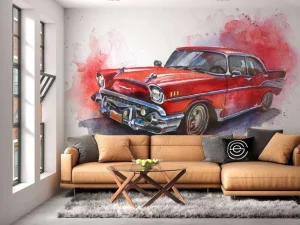 Fashion Aquarel van een rode ouderwetse auto fotobehang Kinderkamer | Transport