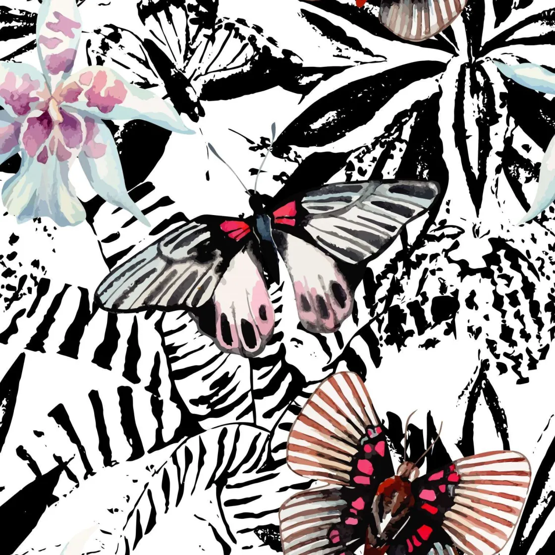 aquarel_van_exotische_vli_0.webp Best Aquarel van exotische vlinders en bloemen fotobehang Tienerkamer | Bloemen