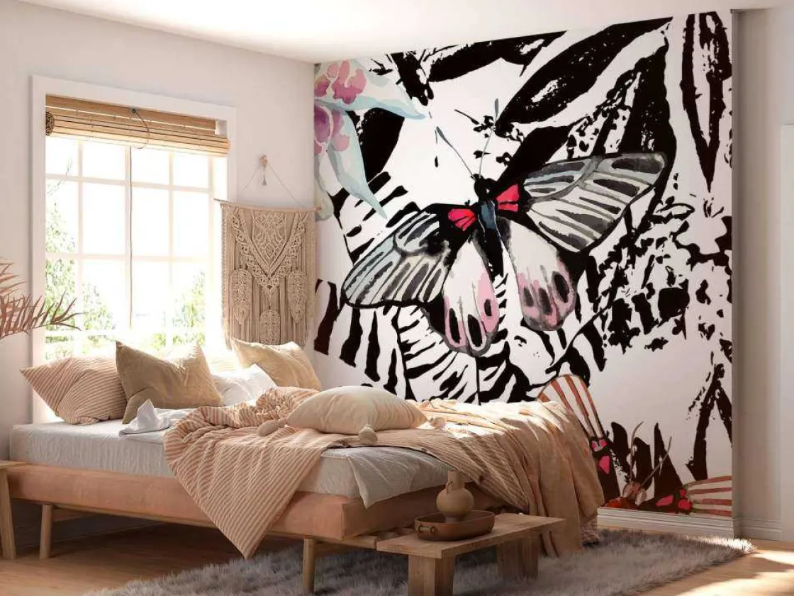 aquarel_van_exotische_vli_1.webp Best Aquarel van exotische vlinders en bloemen fotobehang Tienerkamer | Bloemen