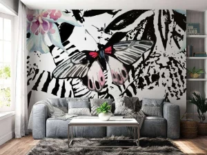 Best Aquarel van exotische vlinders en bloemen fotobehang Tienerkamer | Bloemen