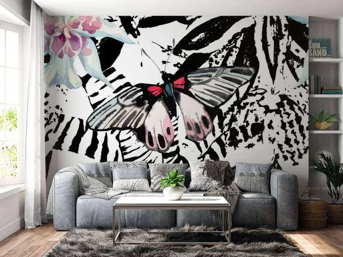aquarel_van_exotische_vli_2.webp Best Aquarel van exotische vlinders en bloemen fotobehang Tienerkamer | Bloemen