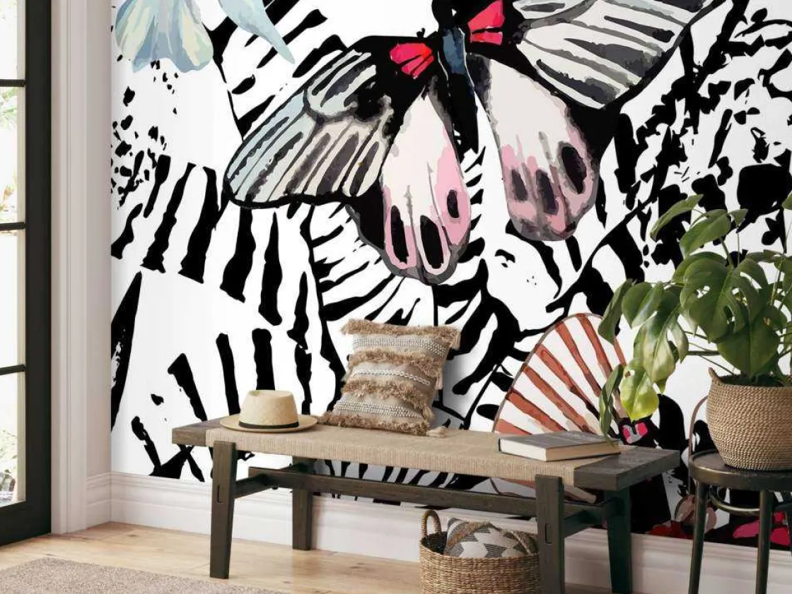 aquarel_van_exotische_vli_4.webp Best Aquarel van exotische vlinders en bloemen fotobehang Tienerkamer | Bloemen