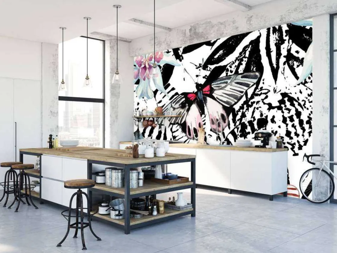 aquarel_van_exotische_vli_5.webp Best Aquarel van exotische vlinders en bloemen fotobehang Tienerkamer | Bloemen