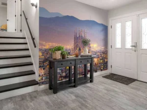 Hot Barcelona met de Sagrada Familia in de avond fotobehang Architectuur