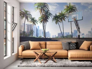 Fashion Basketbalveld in een moderne stad fotobehang Tienerkamer | Sport