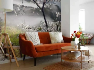 Sale Berg met brug naar Bloesem fotobehang Bloemen