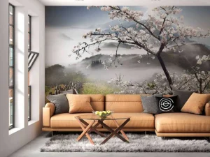 Sale Berg met brug naar Bloesem fotobehang Bloemen