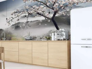 Sale Berg met brug naar Bloesem fotobehang Bloemen