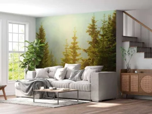 Online Berglandschap in de ochtend met hoge bomen fotobehang Bloemen