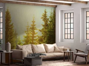 Online Berglandschap in de ochtend met hoge bomen fotobehang Bloemen