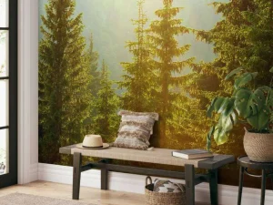 Online Berglandschap in de ochtend met hoge bomen fotobehang Bloemen