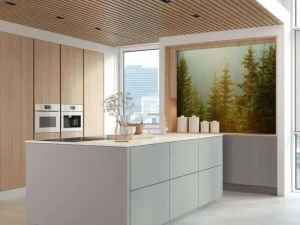 Online Berglandschap in de ochtend met hoge bomen fotobehang Bloemen