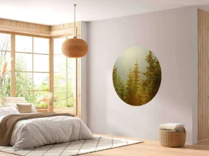 Online Berglandschap in de ochtend met hoge bomen fotobehang Bloemen