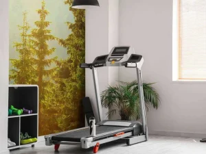 Online Berglandschap in de ochtend met hoge bomen fotobehang Bloemen