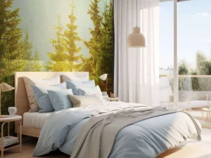Online Berglandschap in de ochtend met hoge bomen fotobehang Bloemen