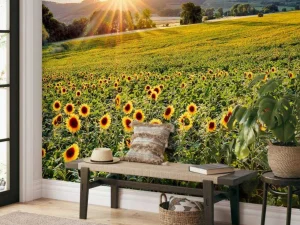 Clearance Berglandschap met zonnebloemen fotobehang Bloemen