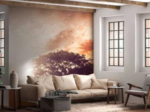 Fashion Bewerkte foto van een boom bij zonsondergang fotobehang Bloemen