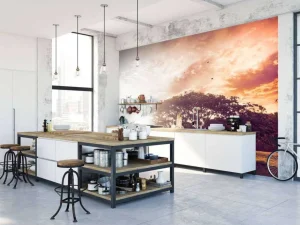 Fashion Bewerkte foto van een boom bij zonsondergang fotobehang Bloemen