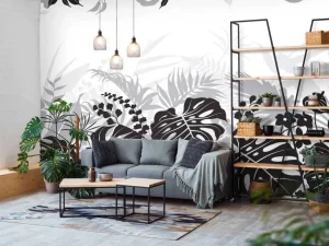 Best Bladeren silhouet in zwart-wit fotobehang Gang | Bloemen