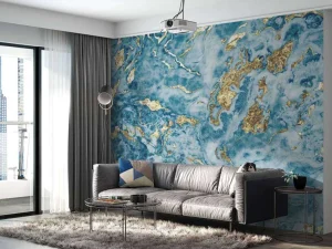 Online Blauw marmer met goud fotobehang Gang | Oppervlakten