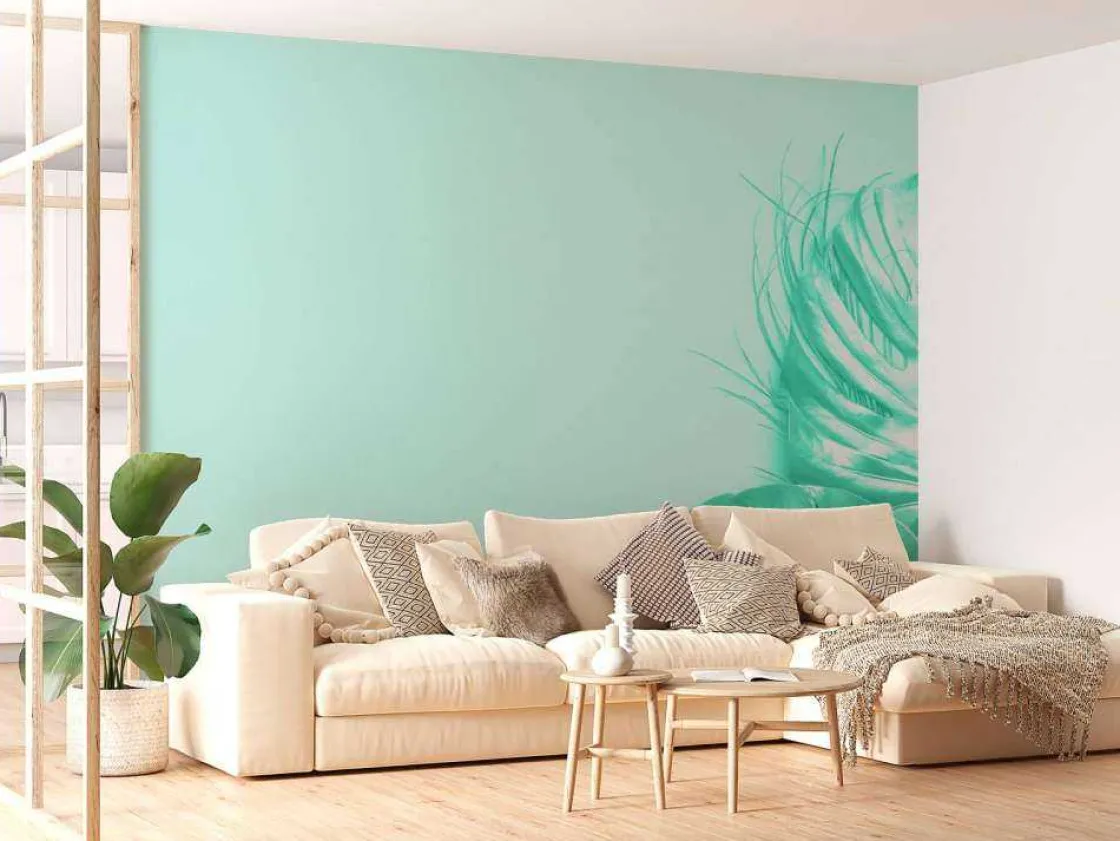 blauwe_achtergrond_met_ex_10.webp Discount Blauwe achtergrond met exotische bladeren fotobehang Tienerkamer | Bloemen