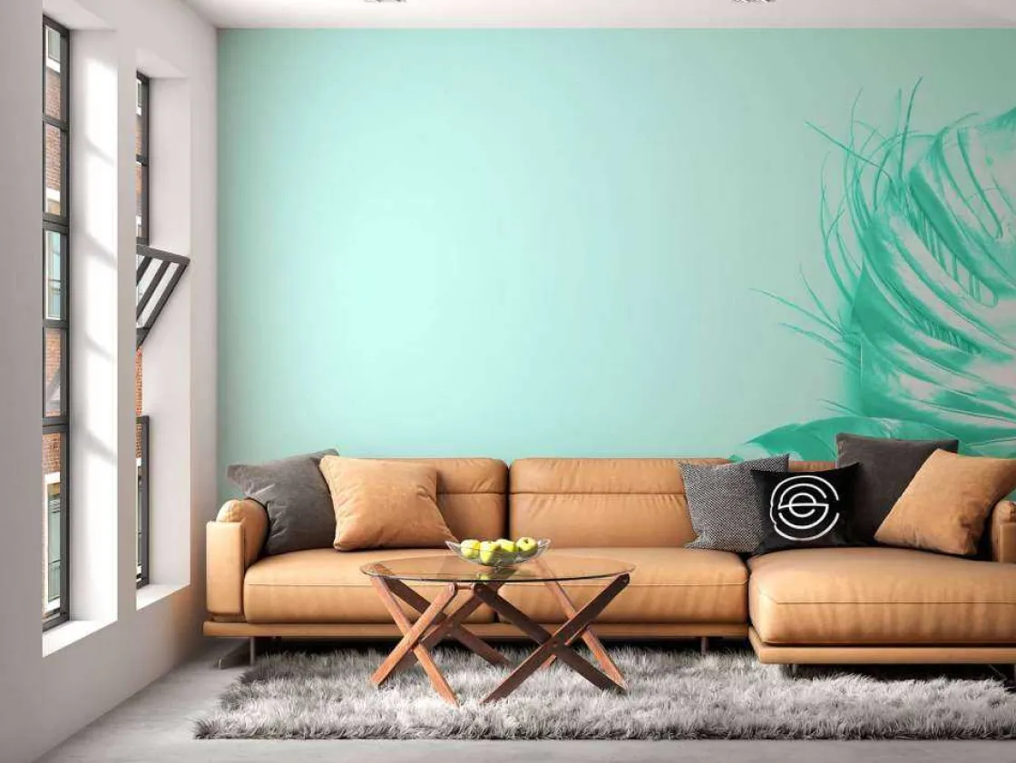 blauwe_achtergrond_met_ex_2.webp Discount Blauwe achtergrond met exotische bladeren fotobehang Tienerkamer | Bloemen