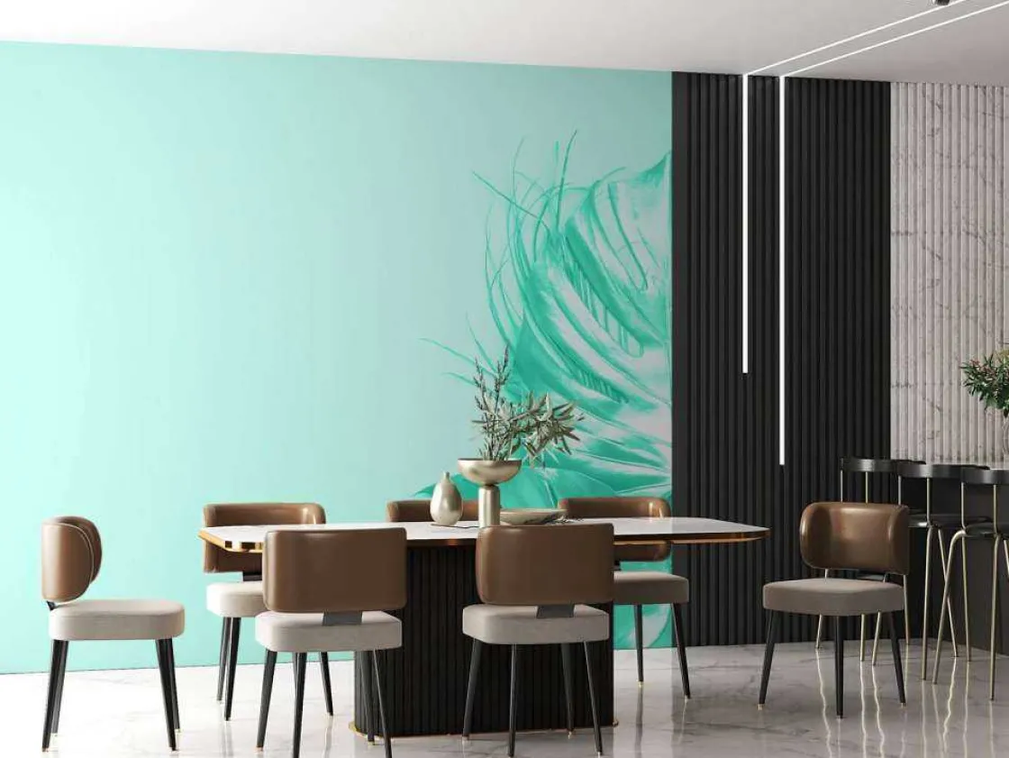 blauwe_achtergrond_met_ex_3.webp Discount Blauwe achtergrond met exotische bladeren fotobehang Tienerkamer | Bloemen