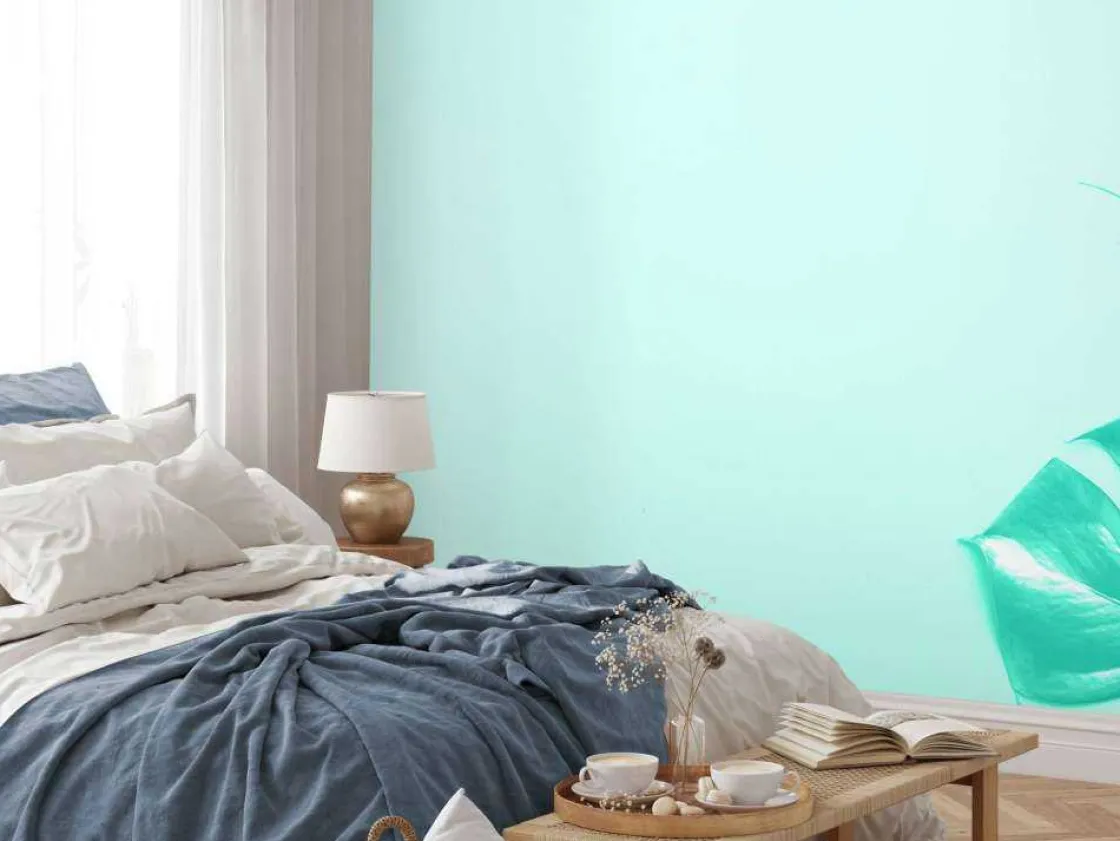 blauwe_achtergrond_met_ex_9.webp Discount Blauwe achtergrond met exotische bladeren fotobehang Tienerkamer | Bloemen