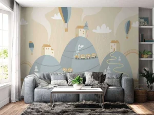 Outlet Blauwe droomstad fotobehang Babykamer