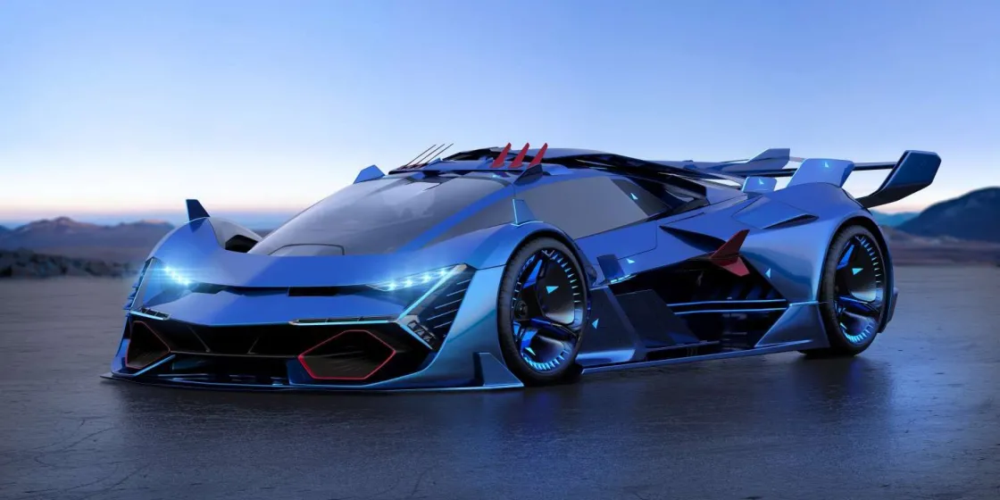 blauwe_hypercar_in_d_foto_0.webp Clearance Blauwe hypercar in 3D fotobehang Kinderkamer | Transport