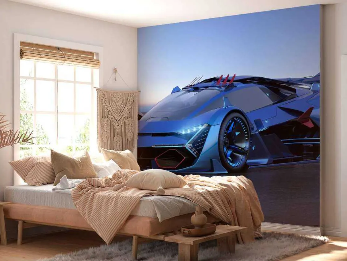blauwe_hypercar_in_d_foto_1.webp Clearance Blauwe hypercar in 3D fotobehang Kinderkamer | Transport