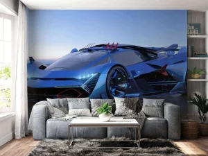 Clearance Blauwe hypercar in 3D fotobehang Kinderkamer | Transport