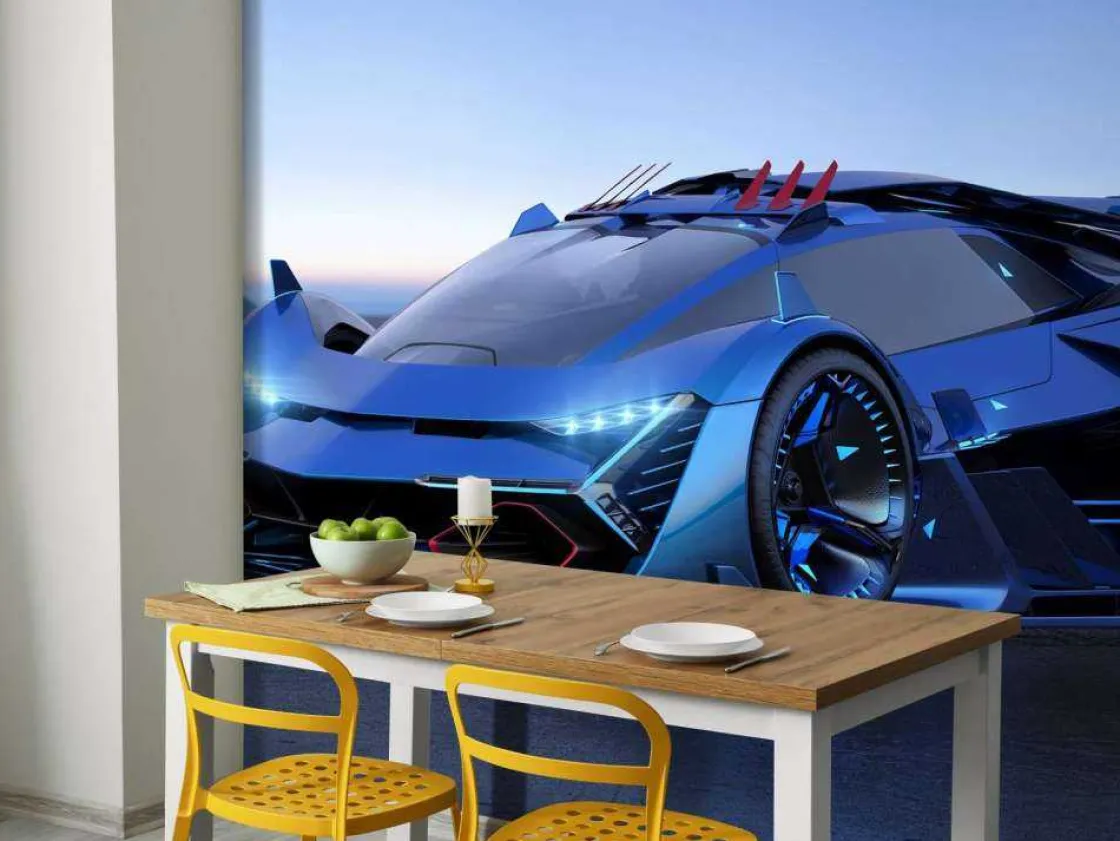 blauwe_hypercar_in_d_foto_3.webp Clearance Blauwe hypercar in 3D fotobehang Kinderkamer | Transport