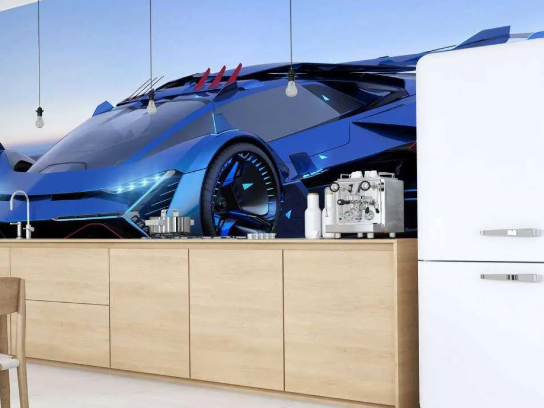 blauwe_hypercar_in_d_foto_7.webp Clearance Blauwe hypercar in 3D fotobehang Kinderkamer | Transport