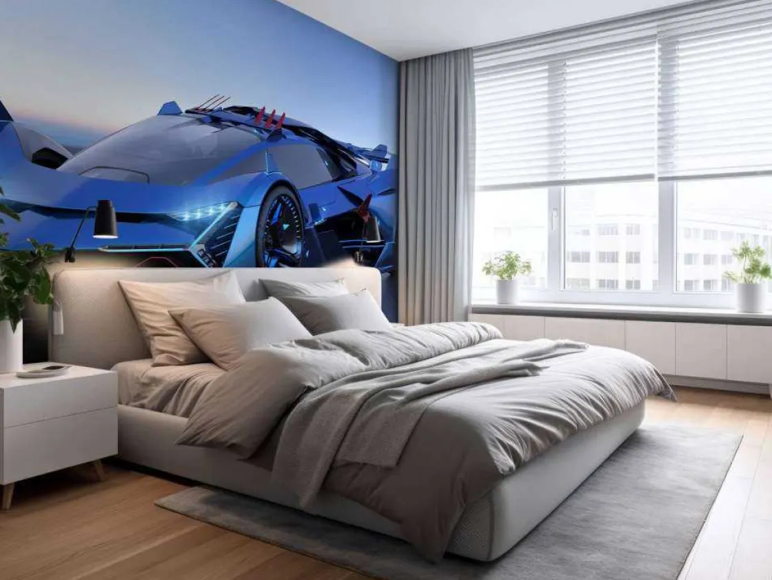 blauwe_hypercar_in_d_foto_9.webp Clearance Blauwe hypercar in 3D fotobehang Kinderkamer | Transport