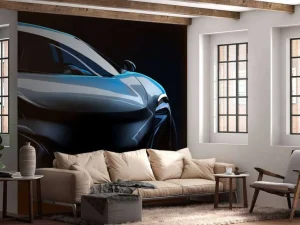 Best Blauwe sportwagen design fotobehang Kinderkamer | Transport