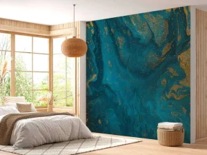 New Blauwe verf met gouden glitter poeder fotobehang Kunst & Design