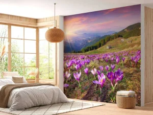 Fashion Bloemenveld van krokussen in de bergen fotobehang Bloemen