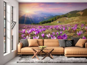 Fashion Bloemenveld van krokussen in de bergen fotobehang Bloemen