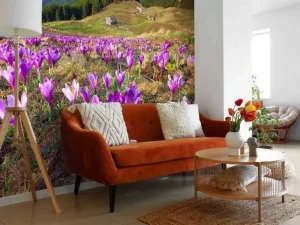 Fashion Bloemenveld van krokussen in de bergen fotobehang Bloemen