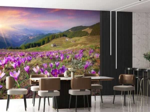 Fashion Bloemenveld van krokussen in de bergen fotobehang Bloemen